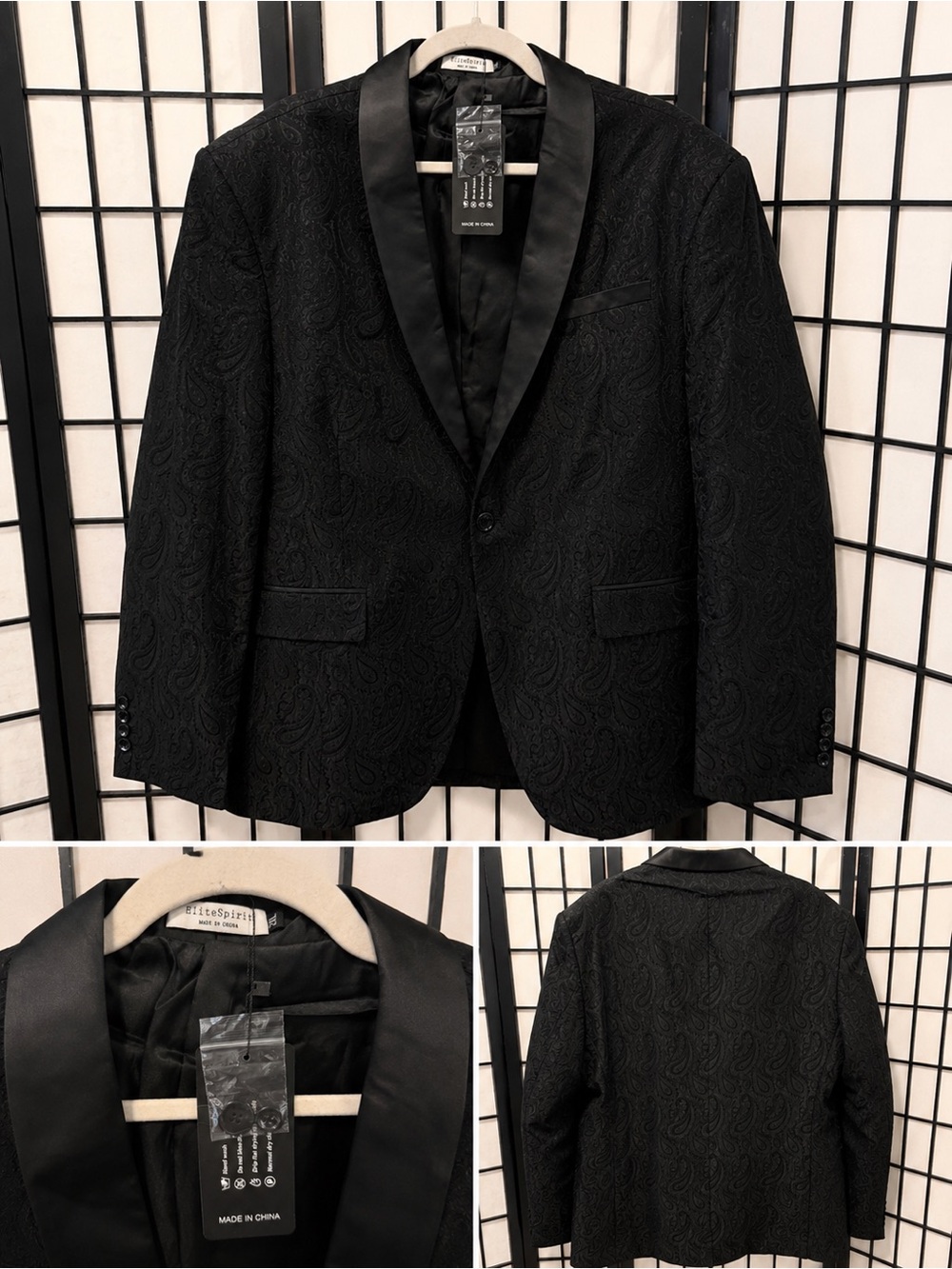 Men’s Black Paisley Satin Shawl Lapel Blazer Jacket – Formal / Tuxedo Style - Picture 2 of 2
